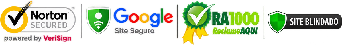 Site seguro: Norton Secured, Google Site Seguro, SSL Compra 100% Segura, RA1000 ReclameAQUI e Site Blindado